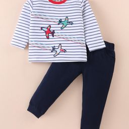 ToffyHouse 100% Cotton Knit Full Sleeves Striped & Aeroplane Printed T-Shirt & Lounge Pants Set - Navy Blue & White-image-68