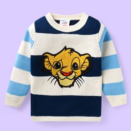 Babyhug Disney Knitted Full Sleeves Pullover Sweater with Stripes Design & Lion King Embroidery - White & Blue-image-96