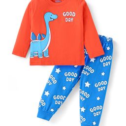 Babyhug Cotton Knit Full Sleeves Night Suit With Dino Print - Red & Blue-image-69