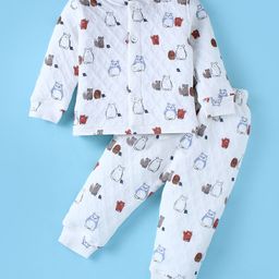 Doreme Terry Knit Full Sleeves Animal Printed Night Suit - White-image-70