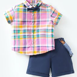 ToffyHouse Poplin Woven Half Sleeves Checks Shirt & Shorts Set with Bow & Suspender - Navy Blue Pink-image-73