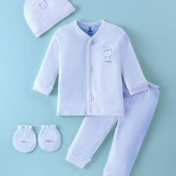 I Bears Interlock Knit Full Sleeves Front Open Animal Printed T-Shirt & Lounge Pant Set With Mittens & Cap - Blue-image-84