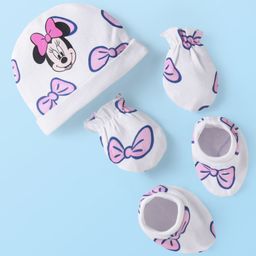 Babyhug Disney Interlock Knit Minnie Mouse Printed Cap Mittens & Booties Set -White-image-53