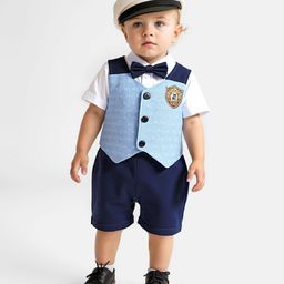Mark & Mia Cotton Knit Half Sleeves Party Romper With Attached Printed Waistcoat & Bow - Multicolor-image-34