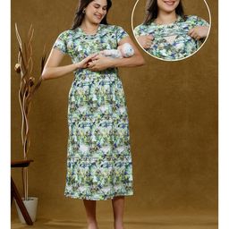 True Shape Embosis Hoisery Half Sleeves Floral Printed Maternity Dress With Nursing Access - Green-image-89