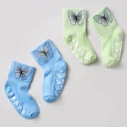 Babyoye Cotton Bamboo Knit Socks With Butterfly & Hearts Applique Pack Of 2 - Light Blue & Light Green-image-20