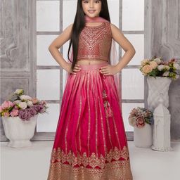 Tiny Kingdom Tissue Sleeveless Floral Embroided Sequins & Lace Embellished Ombre Lehenga Choli With Dupatta Set - Pink-image-7
