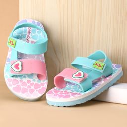 Babyoye Velcro Closure Sandals With Hearts Print & Applique - Turquoise & Pink-image-7