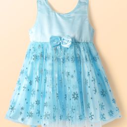 Babyhug Woven Sleeveless Frozen Theme Printed Dress With Bow - Light Blue-image-34