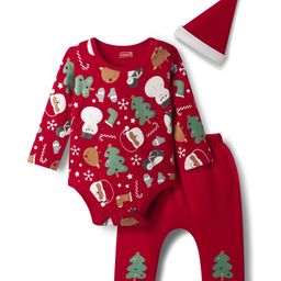 Babyhug 100% Cotton Knit Full Sleeves Christmas Printed Onesie with Leggings & Cap - Red-image-37