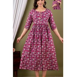 NEVISHA STYLE Cotton Woven Three Fourth Sleeves Floral Printed Maternity Kurta With Side Zipper Nursing Access - Pink-image-89