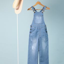 tweeny mini Denim Woven Sleeveless Washed Distressed Dungaree - Light Blue-image-38