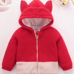 Mark & Mia Full Sleeves Front Open Fur Hooded SweatJacket With Ear Applique - Red & White-picture-2