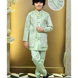 BT DEZINES Satin Woven Full Sleeves Abstract Embroidered Sequins & Pearls Embellished Sherwani Trousers With Mala Set - Mint Green-image-15