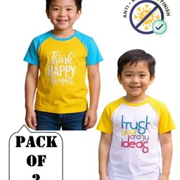 COCOON ORGANICS 100% Cotton Knit Pack Of 2 Half Raglan Sleeves Trust Your Crazy Ideas & Think Happy Thoughts Text Printed Anti Microbial Tees - White Yellow & Sky Blue-picture-14