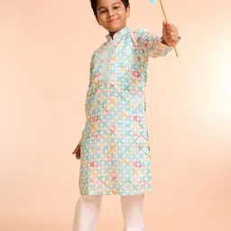 Manyavar Boys Geometric Printed Mandarin Collar Straight Satin Kurta With Pyjamas-image-14