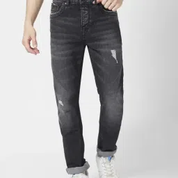 Spykar Carbon Black Cotton Regular Fit Distressed Jeans-image-57