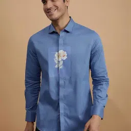 HE SPOKE Indigo Blue Tailored Fit Printed Shirt-image-18