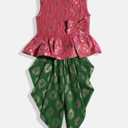 TWISHA Kids Pink & Green Self Design Top with Dhoti-image-12
