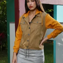 Campus Sutra Brown & Yellow Regular Fit Color-Block Jacket-picture-2