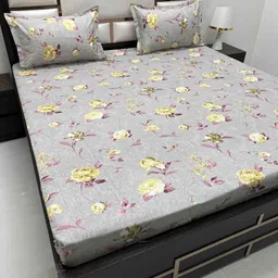Pure Decor Grey & Yellow Floral 250 TC King Bedsheet with 2 Pillow Covers-picture-24