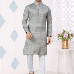 OUTLUK Woven Design Mandarin Collar Art Silk Jacquard Kurta With Pyjamas-image-24
