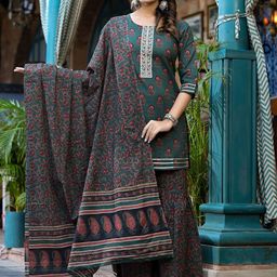 KALINI Floral Printed Zari Work Pure Cotton Straight Kurta With Sharara And Dupatta-picture-16