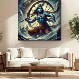 999Store Grey Canvas Lord Krishna In A Dynamic Battle Pose Painting-image-85