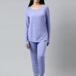 Enamor Purple Printed T-Shirt Pyjamas Set-image-34