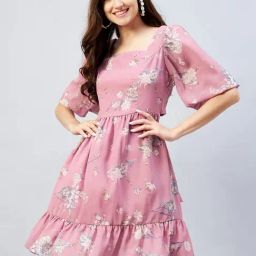 Rare Pink Floral Print Fit & Flare Dress-image-19