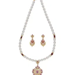 Sri Jagdamba Pearls Dheeksha Pink & White Pearl CZ Necklace Set-25