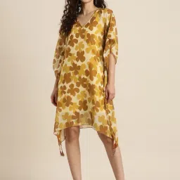 Qurvii Mustard Floral Print Kaftan Dress-image-72