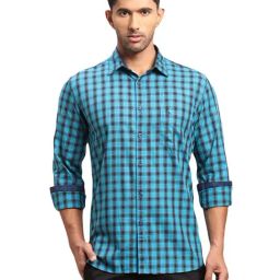 Parx Blue Cotton Slim Fit Checks Shirts-image-66