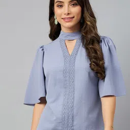 plusS Blue Lace Insert Detail Mandarin Collar Top-image-49