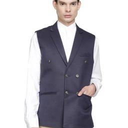 TAHVO Navy Cotton Slim Fit Waistcoat-image-3