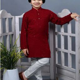 Ahhaaaa Kids Red & White Cotton Embroidered Full Sleeves Kurta Set-29