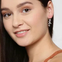 Priyaasi Silver-Plated American Diamond Studded Floral Pattern Dangler Earrings image 2