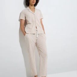Wunderlove by Westside Beige Striped Cotton Shirt and Pyjamas Set-image-98