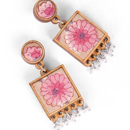 WHE Wooden Fabric & Artificial Beaded Square Shaped Drop Earrings image 3