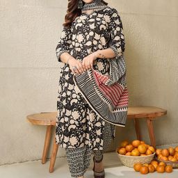 Indo Era Floral Printed Notch Neck Pure Cotton Straight Kurta With Salwar & Dupatta-57
