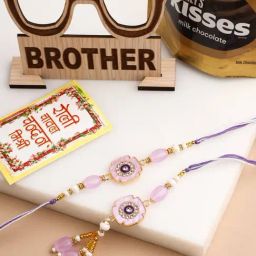 NVR Purple Artificial Stones & Beads Floral Design Thread Bhaiya Bhabhi Rakhi Combo-19