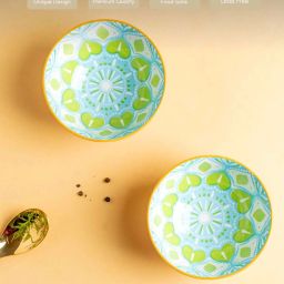 Nestasia Blue and Green geometric designed round ceramic side serving bowl (Set of 2 , 250 ml each) image 4