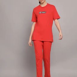 GRIFFEL Red Printed T-Shirt With Track Pants-picture-26