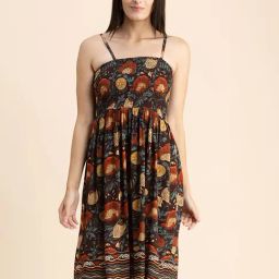 Moomaya Brown Floral Print Fit & Flare Dress-image-33