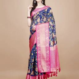 JUST FASHION Navy & Pink Silk Printed Saree With Unstitched Blouse-picture-24