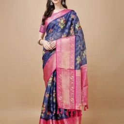 JUST FASHION Navy & Pink Silk Printed Saree With Unstitched Blouse-image-104