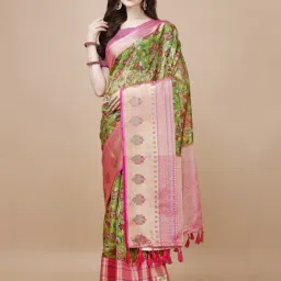 JUST FASHION Green & Pink Silk Printed Saree With Unstitched Blouse-picture-33