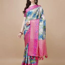 JUST FASHION Blue & Pink Silk Printed Saree With Unstitched Blouse-picture-38