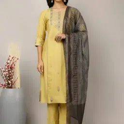 Jaipur Kurti Yellow Embroidered Kurta Pant Set With Dupatta-image-1