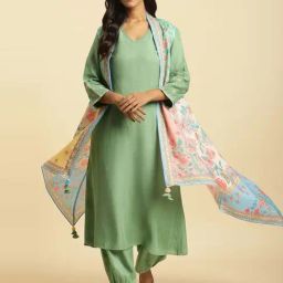 W Green Solid Kurta Salwar Set With Jacket-image-82